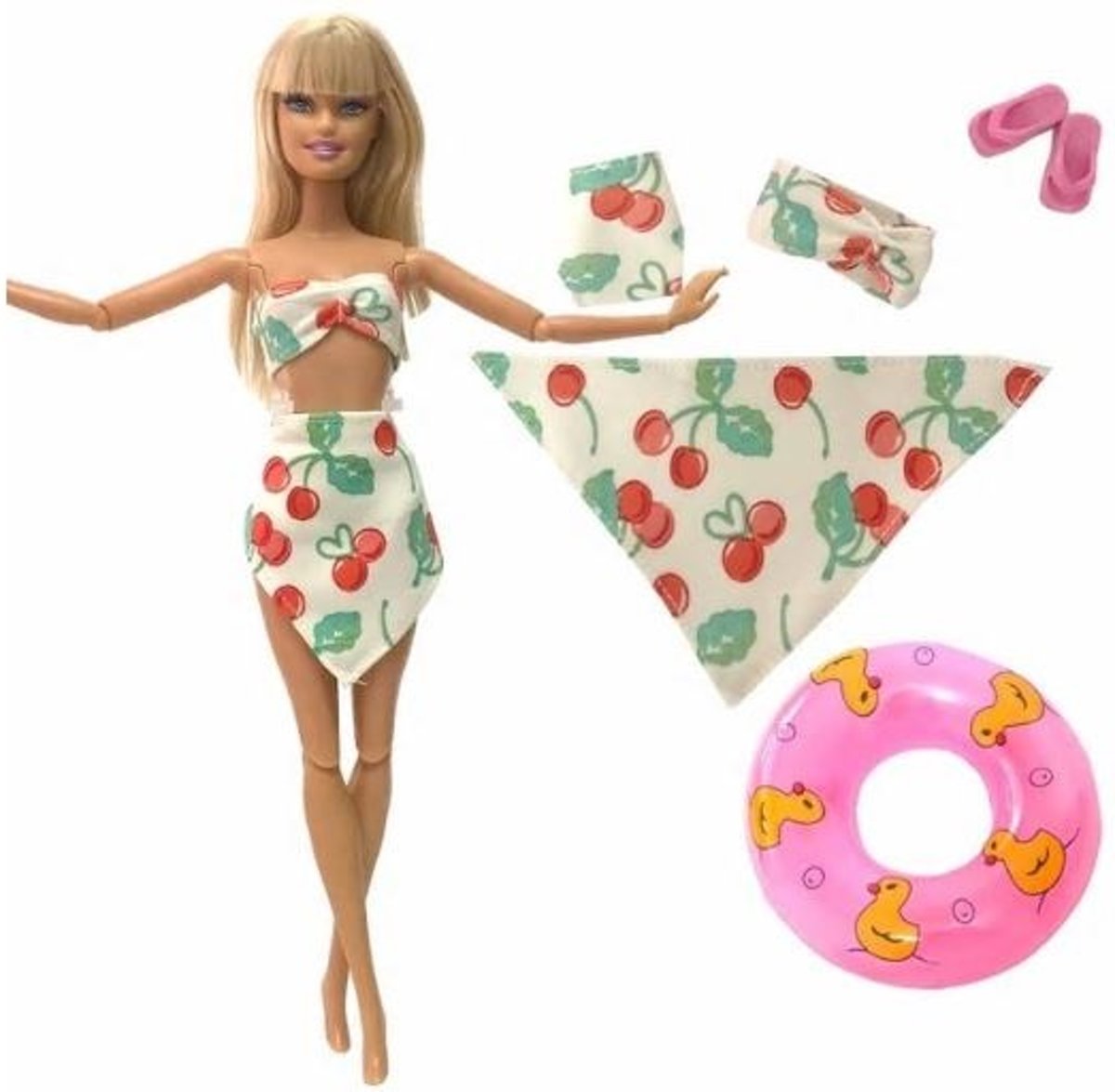 Voor de Pop | Zoete Kersjes Bikini Strand Set | voor modepop | Barbie | Poppenkleertjes | Poppenkleren | Poppen accessoires